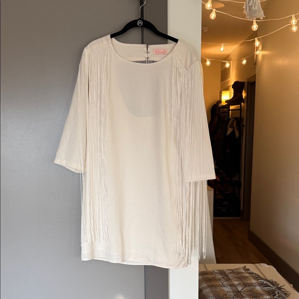 Blush Cream/Ivory Fringe Women's 3/4 Sleeve Low-Scooped Out Dress Vintage